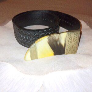 Moroccan Handmade Leather Belt w/ Resin Buckle | Boho Tribal Artisan 31 in.